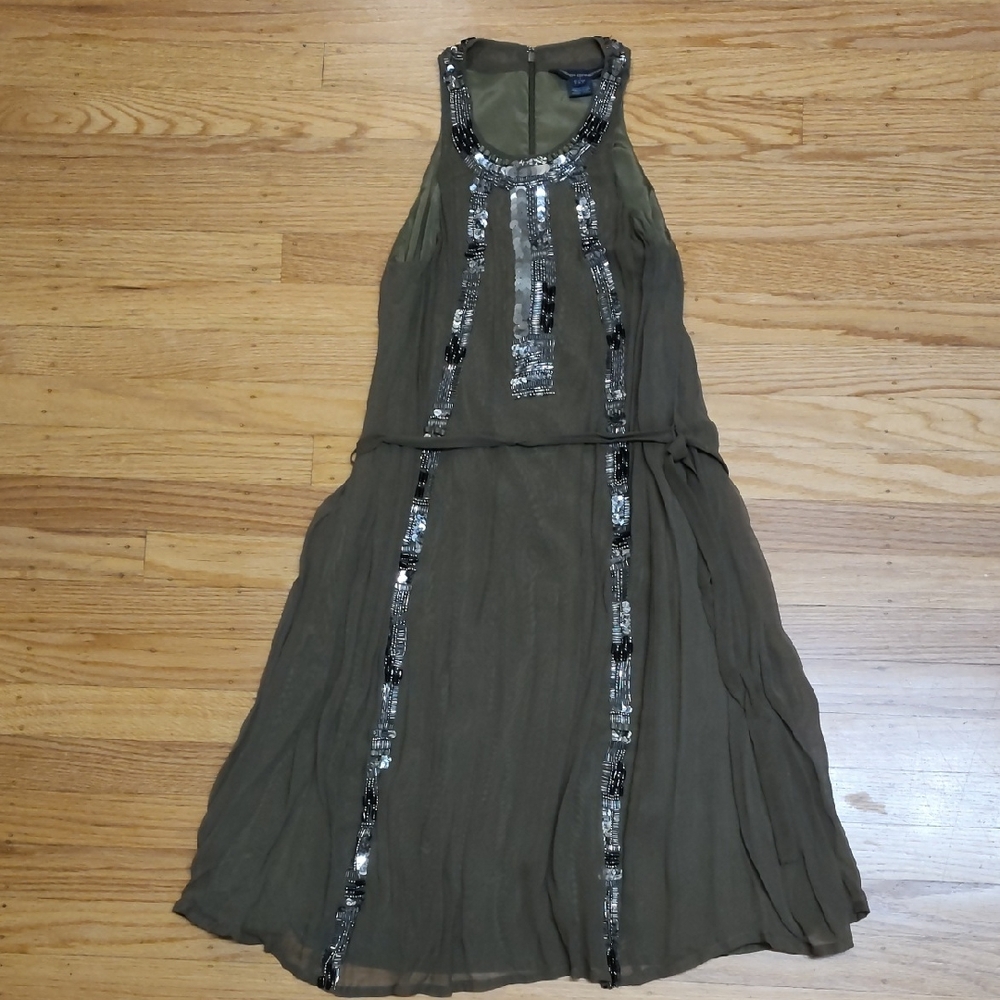 French Connection Khaki Midi Dress with Silver Embellishments